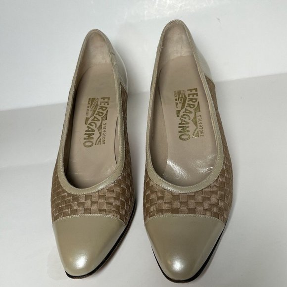 Salvatore Ferragamo Cream and Tan Woven Heels - Picture 6 of 16
